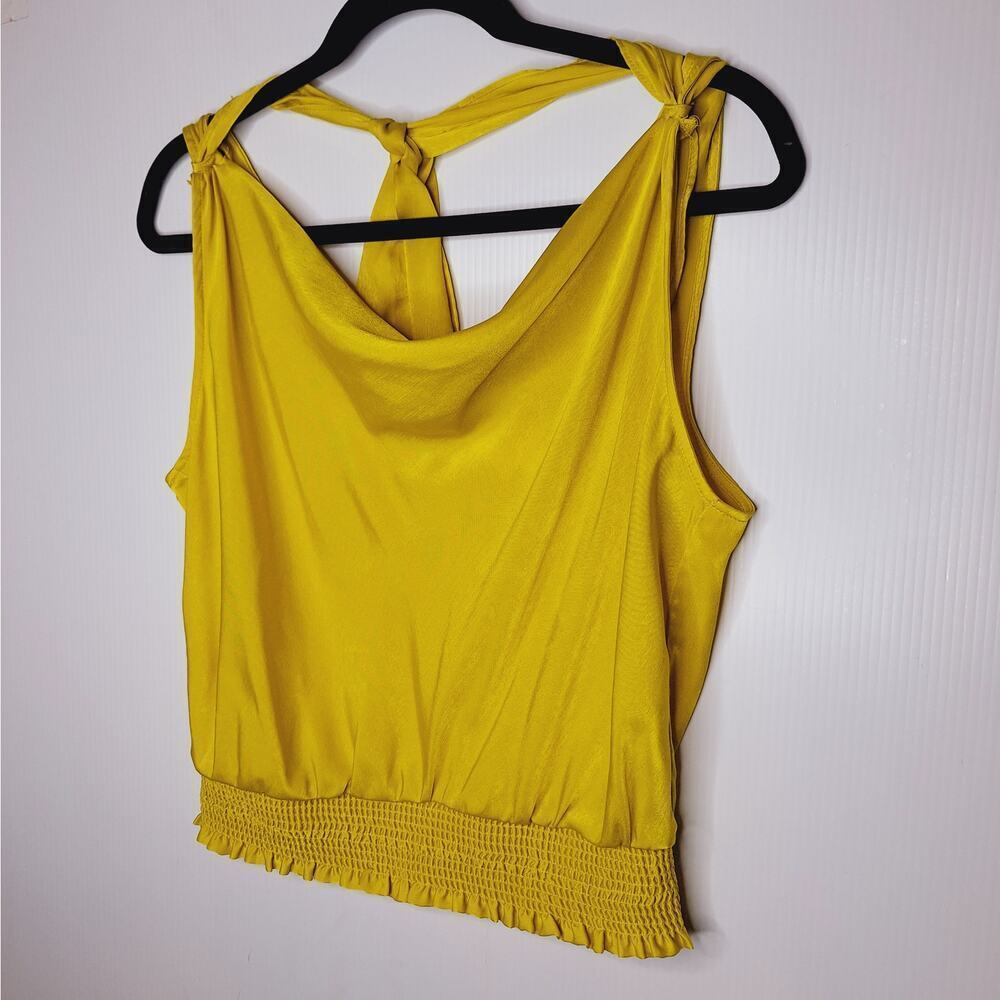 Anthropologie Maeve Alida Satin Cowl Neck Top Chartreuse 8 Draped Cropped Tie - Picture 4 of 11